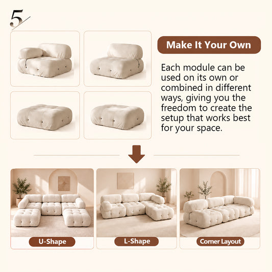 Hiksnra Camaleonda modular sofa shown in U-shaped, L-shaped and corner layouts, with individual modules arranged to suit different living spaces.