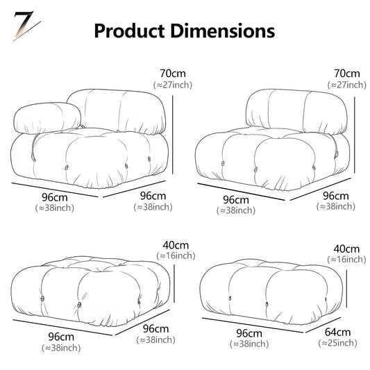 Hiksnra Camaleonda modular sofa dimensions for individual seat modules and ottomans, showing their width, depth and height in centimetres and inches.