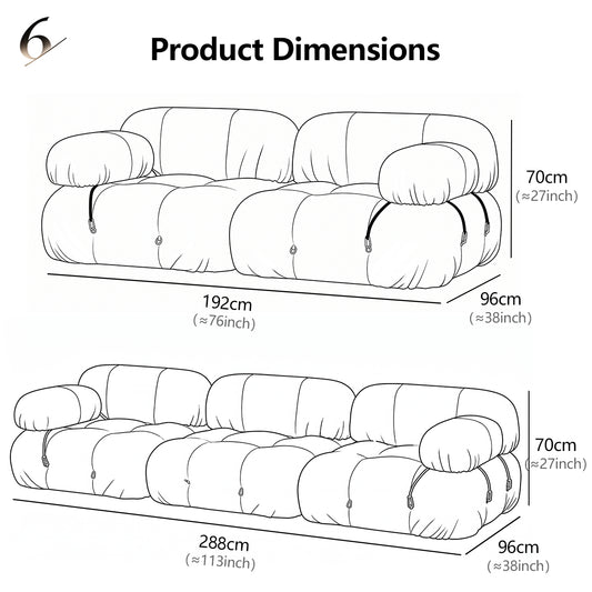 Hiksnra Camaleonda 2 seater and 3 seater sofa, showing width, depth and height measurements in centimetres and inches.