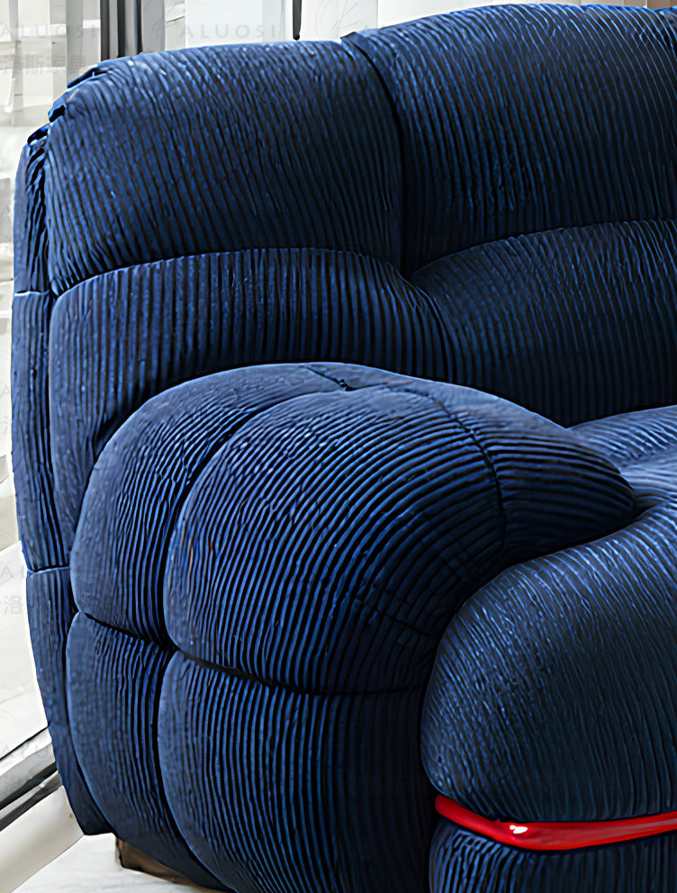 Hippopotamus sofa, ocean blue textured cord fabric with red trim piping detail