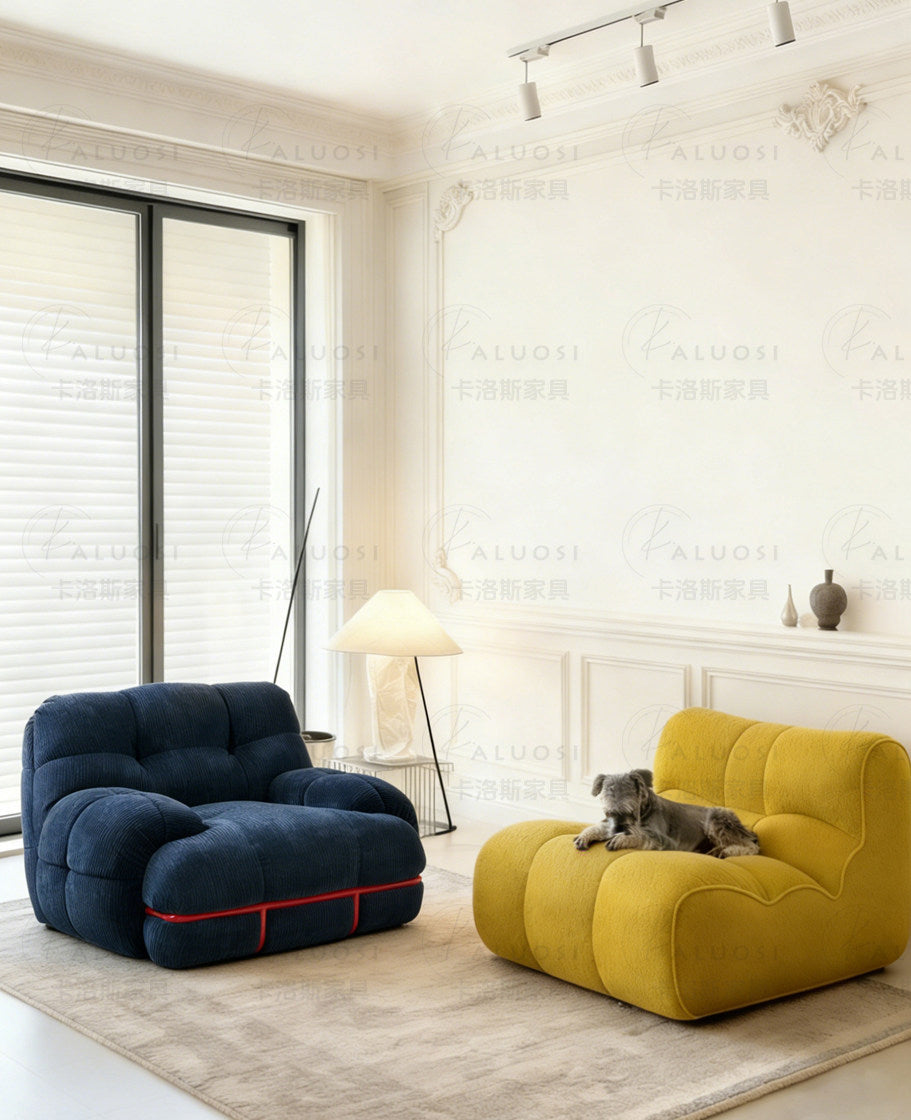 Hippopotamus sofa, ocean blue with red-trim piping and rounded chaise-style seat