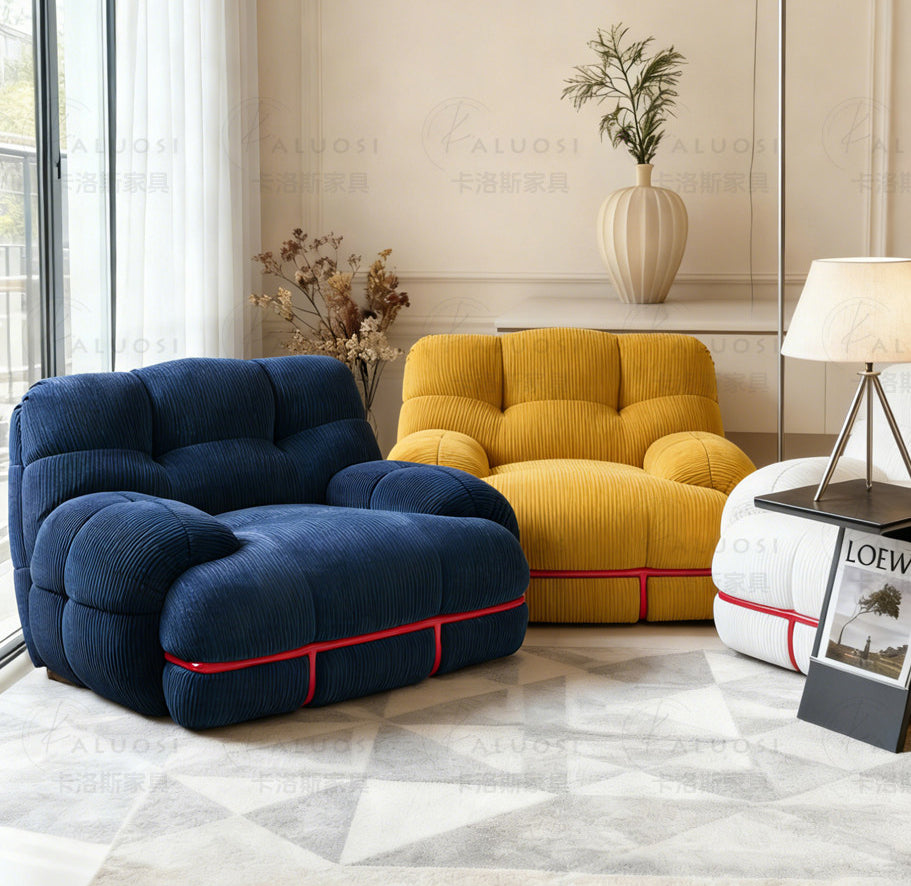 Hippopotamus sofa, ocean blue with red trim piping and plush rounded chaise seat