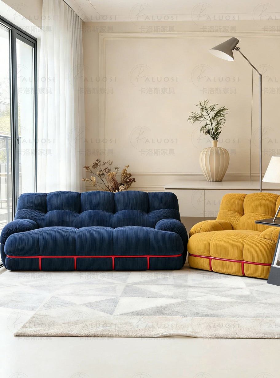 Hippopotamus sofa, ocean blue with red piping and tall back cushions, lounge configuration