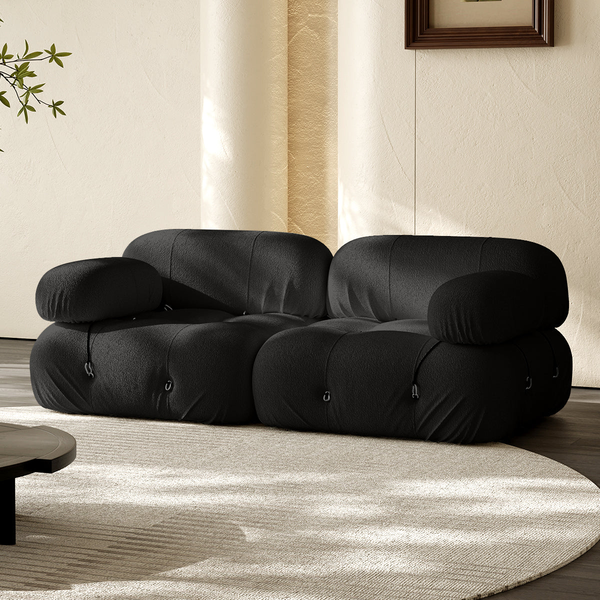 2-seater vacuum-packed compression sofa, black with round armrests and tufted buttons