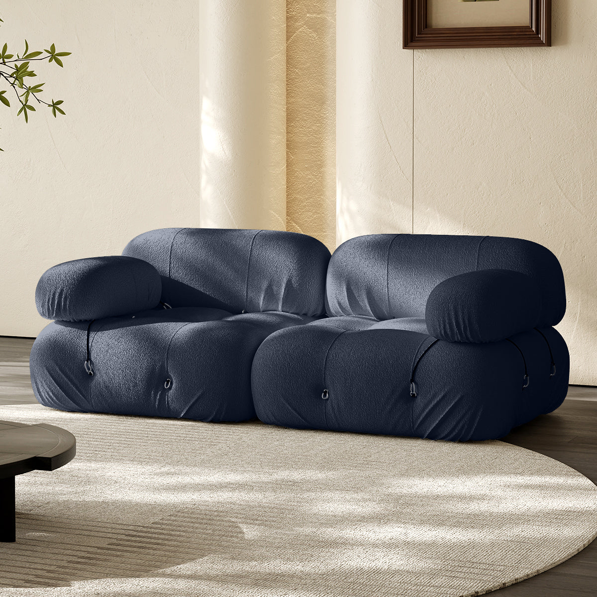 2-seater vacuum-packed compression sofa, navy with round armrests and tufted buttons
