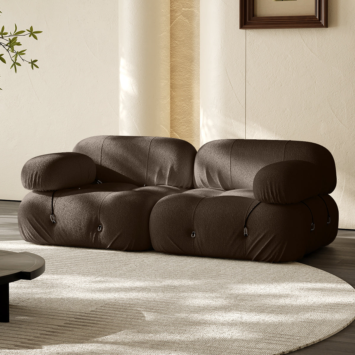 2-seater vacuum-packed compression sofa, dark gray with round armrests and tufted buttons