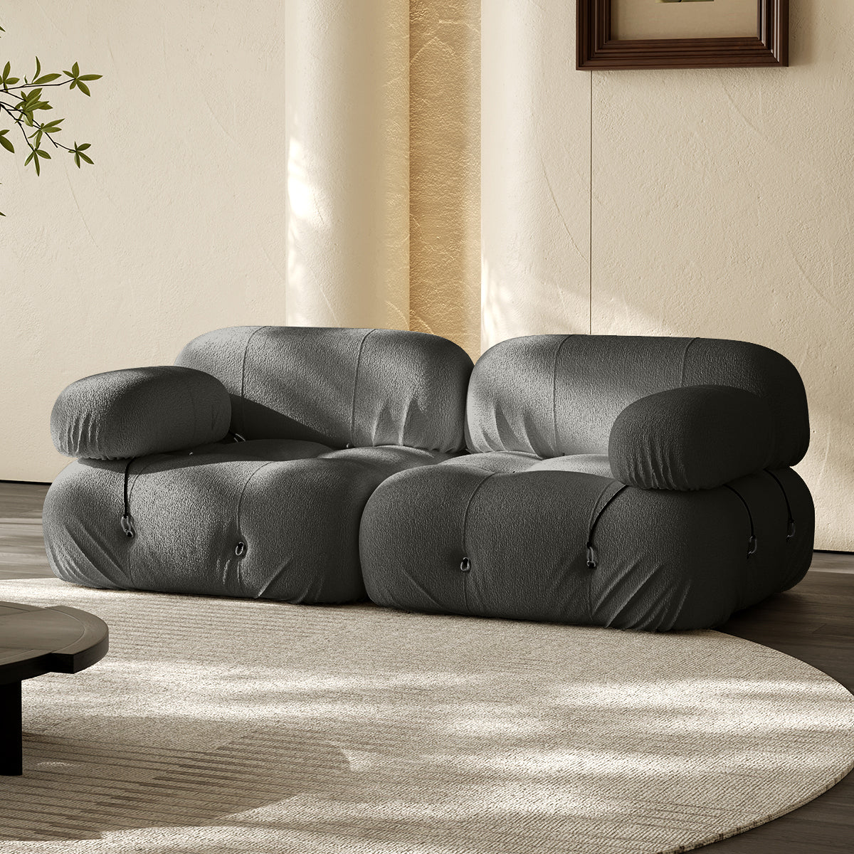 2-seater vacuum-packed compression sofa, dark gray with round armrests and tufted buttons