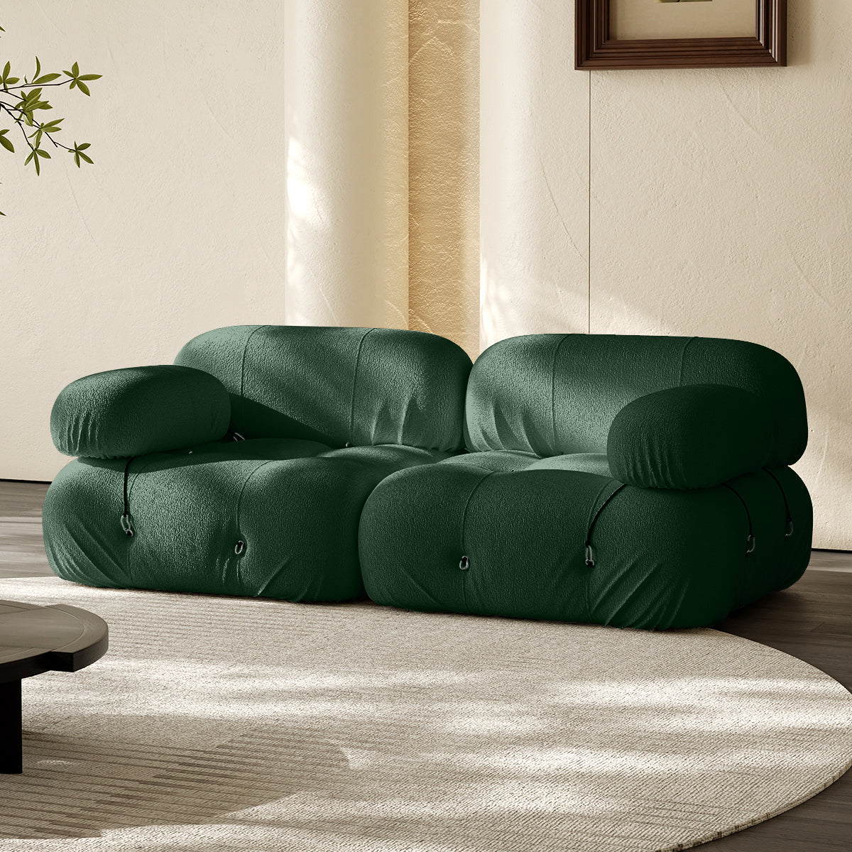 2-seater vacuum-packed compression sofa, dark green with round armrests and tufted buttons