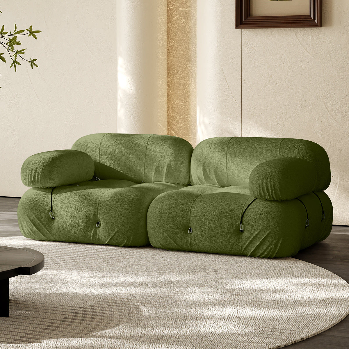 2-seater vacuum-packed compression sofa, grass green with round armrests and tufted buttons