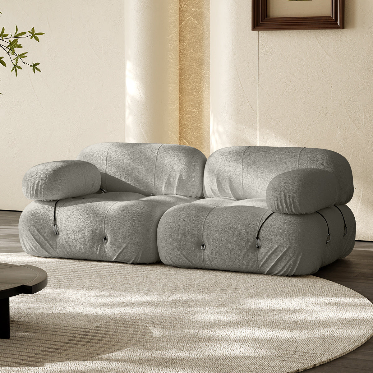 2-seater vacuum-packed compression sofa, light gray with round armrests and tufted buttons