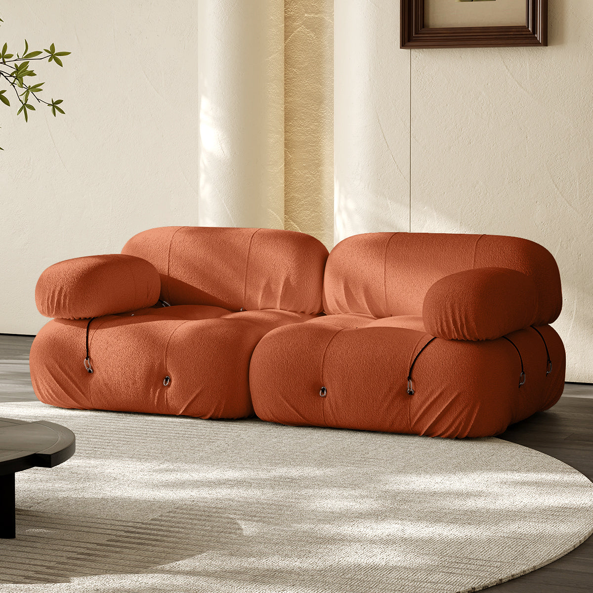 2-seater vacuum-packed compression sofa, brown with round armrests and tufted buttons