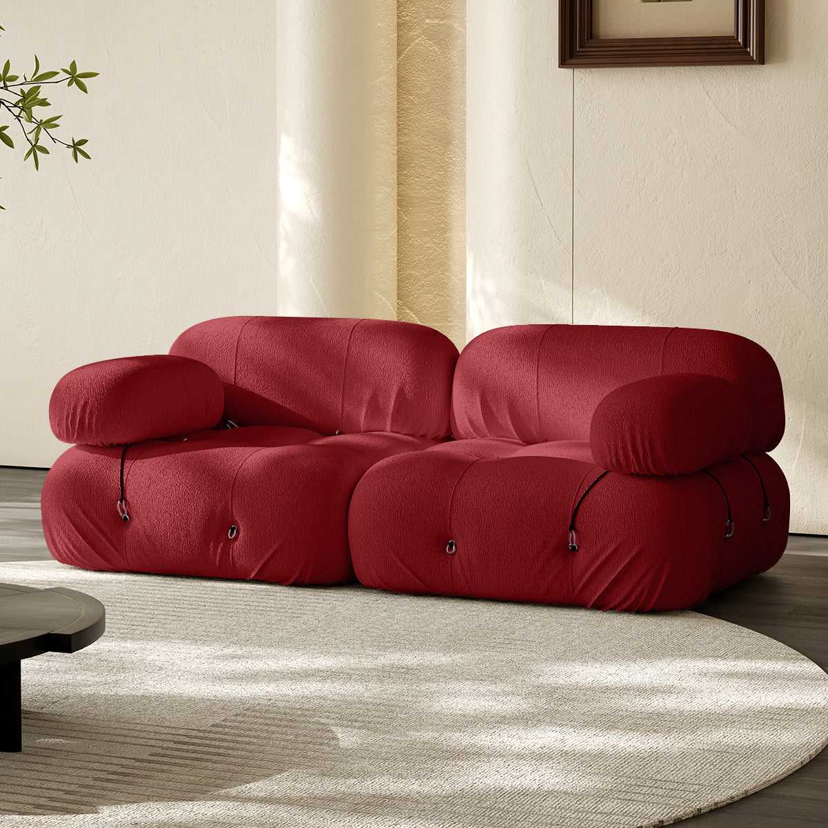 2-seater vacuum-packed compression sofa, red with round armrests and tufted buttons