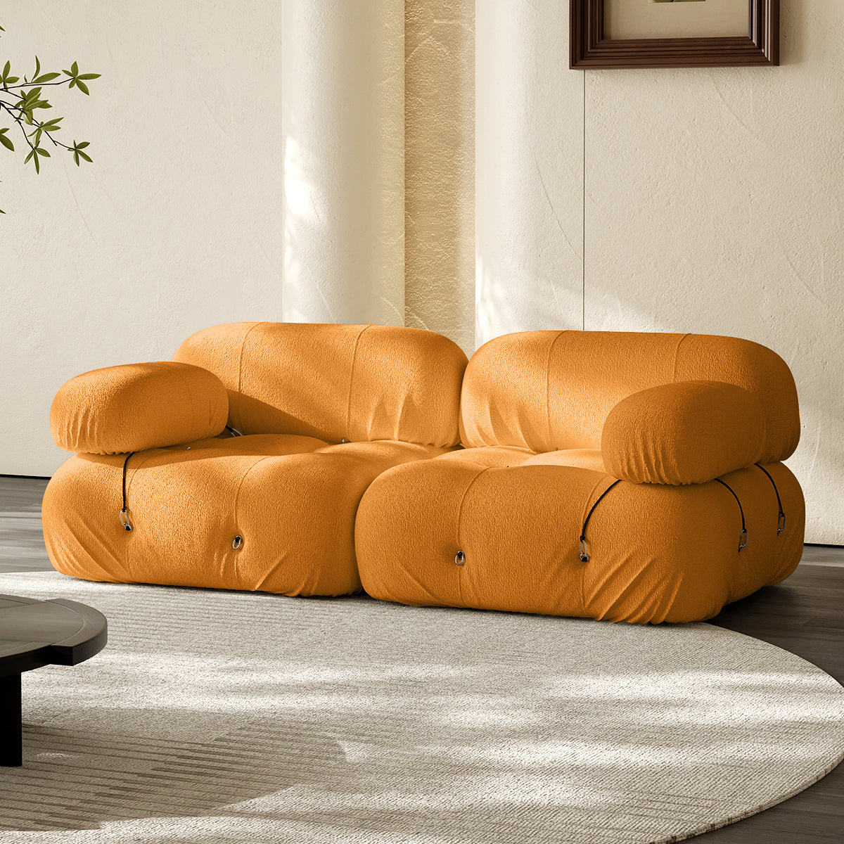 2-seater vacuum-packed compression sofa, orange with round armrests and tufted buttons