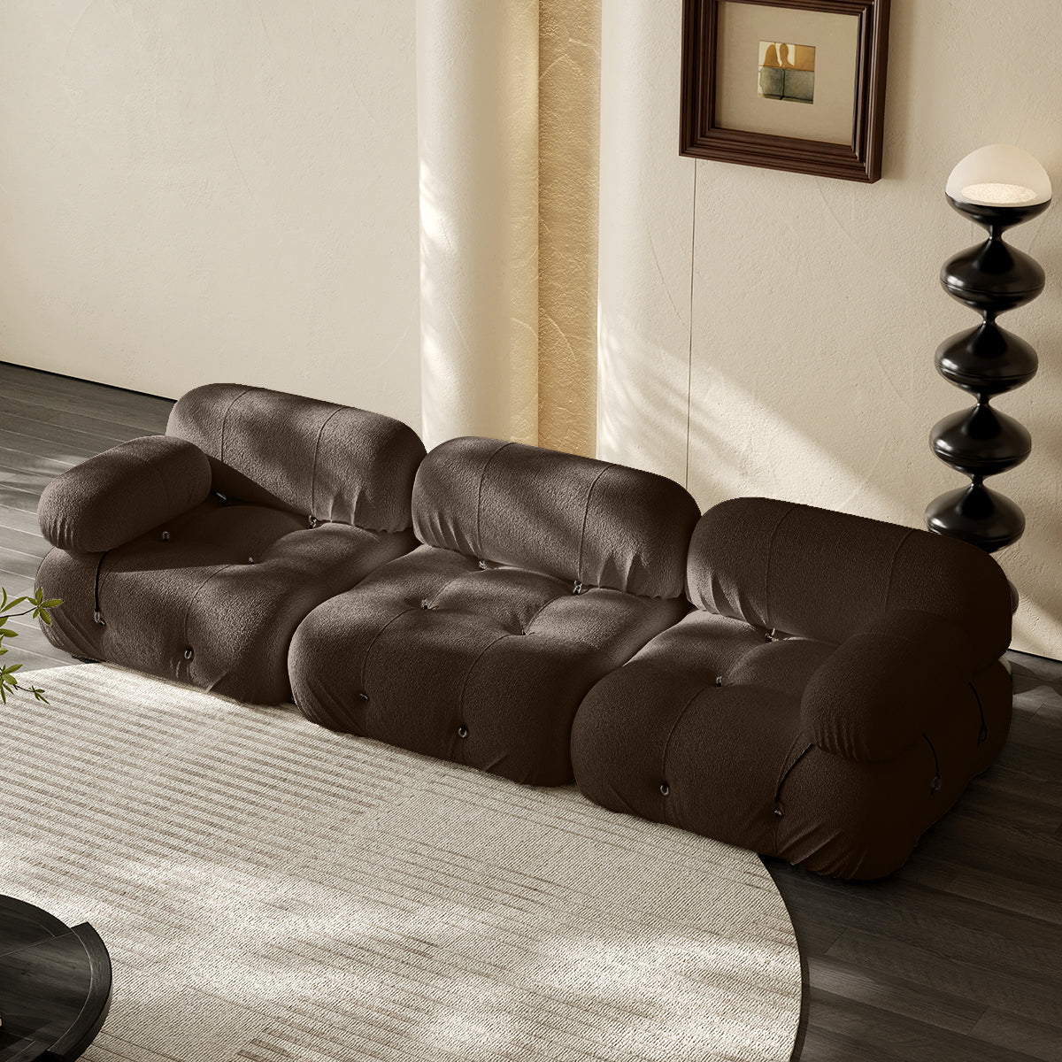 3-seater vacuum packed compression sofa in dark gray, tufted cushions and rounded arms