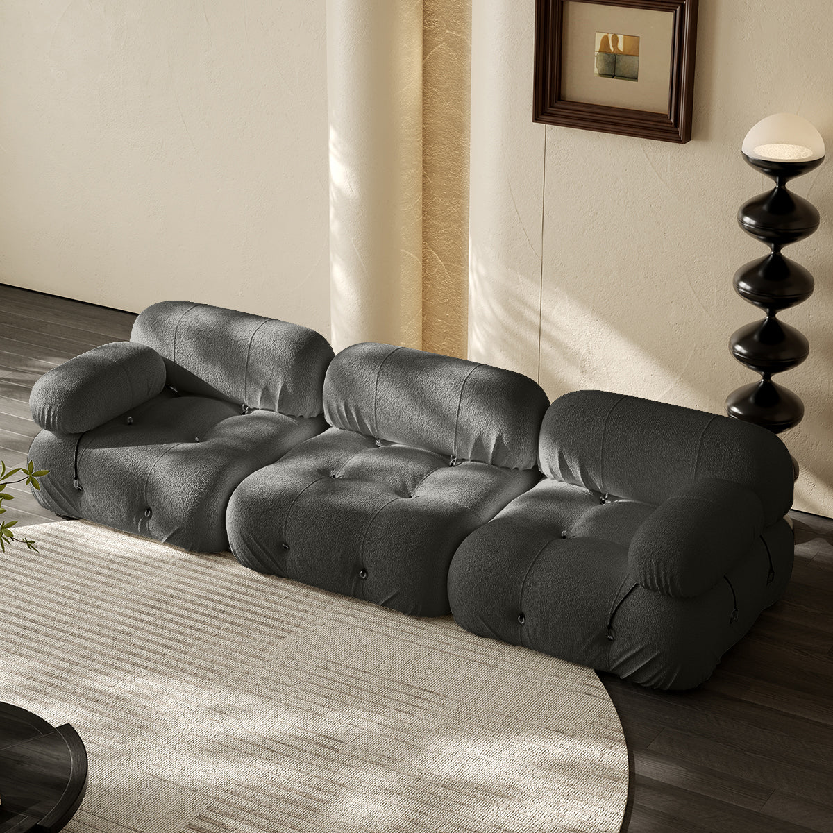 3-seater vacuum packed compression sofa in dark gray, tufted cushions and rounded arms