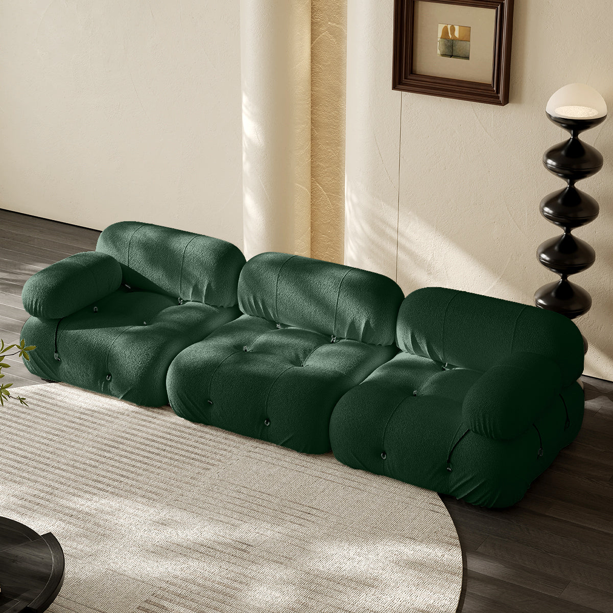 3-seater vacuum packed compression sofa in green, tufted cushions with rounded arms
