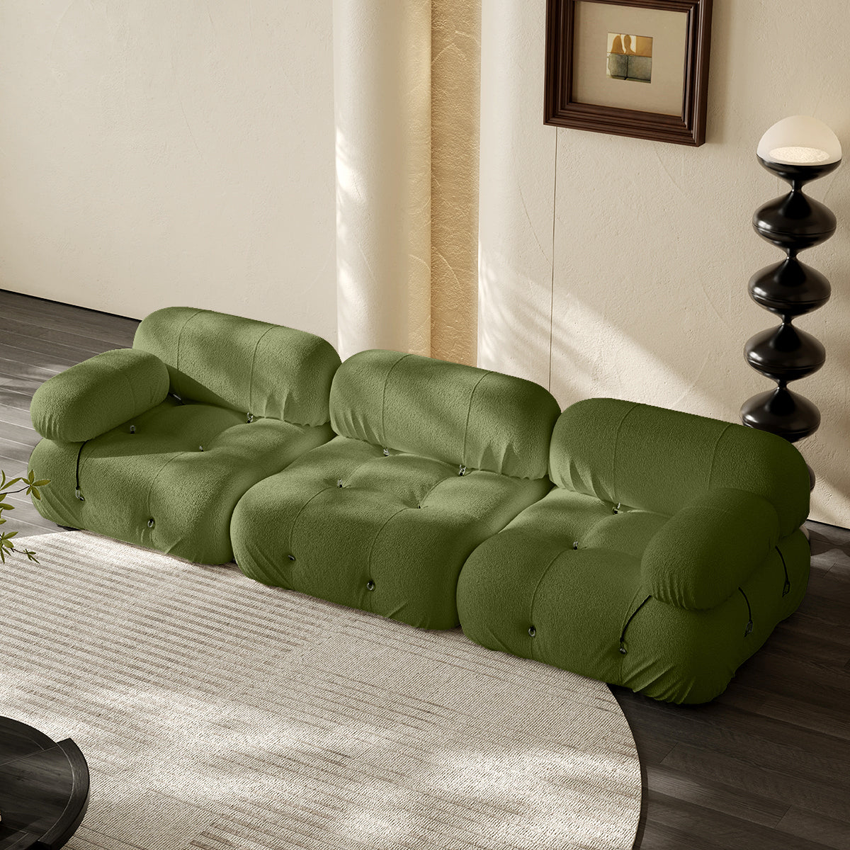 3-seater vacuum packed compression sofa in light green, tufted cushions with rounded arms