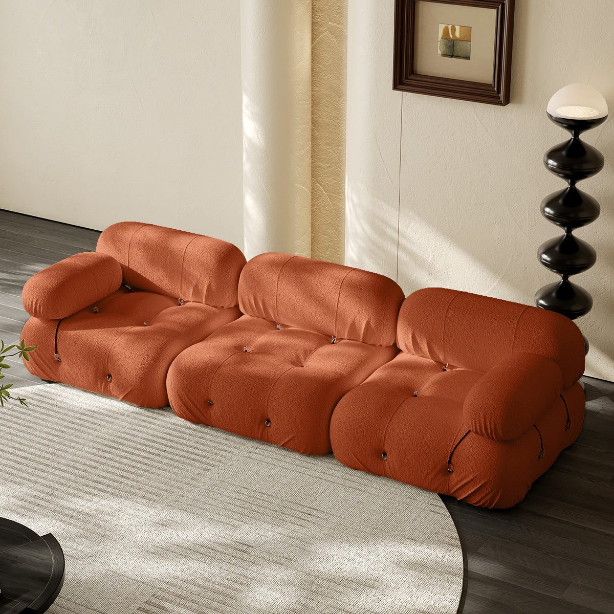 3-seater vacuum packed compression sofa in orange, tufted cushions and rounded armrests