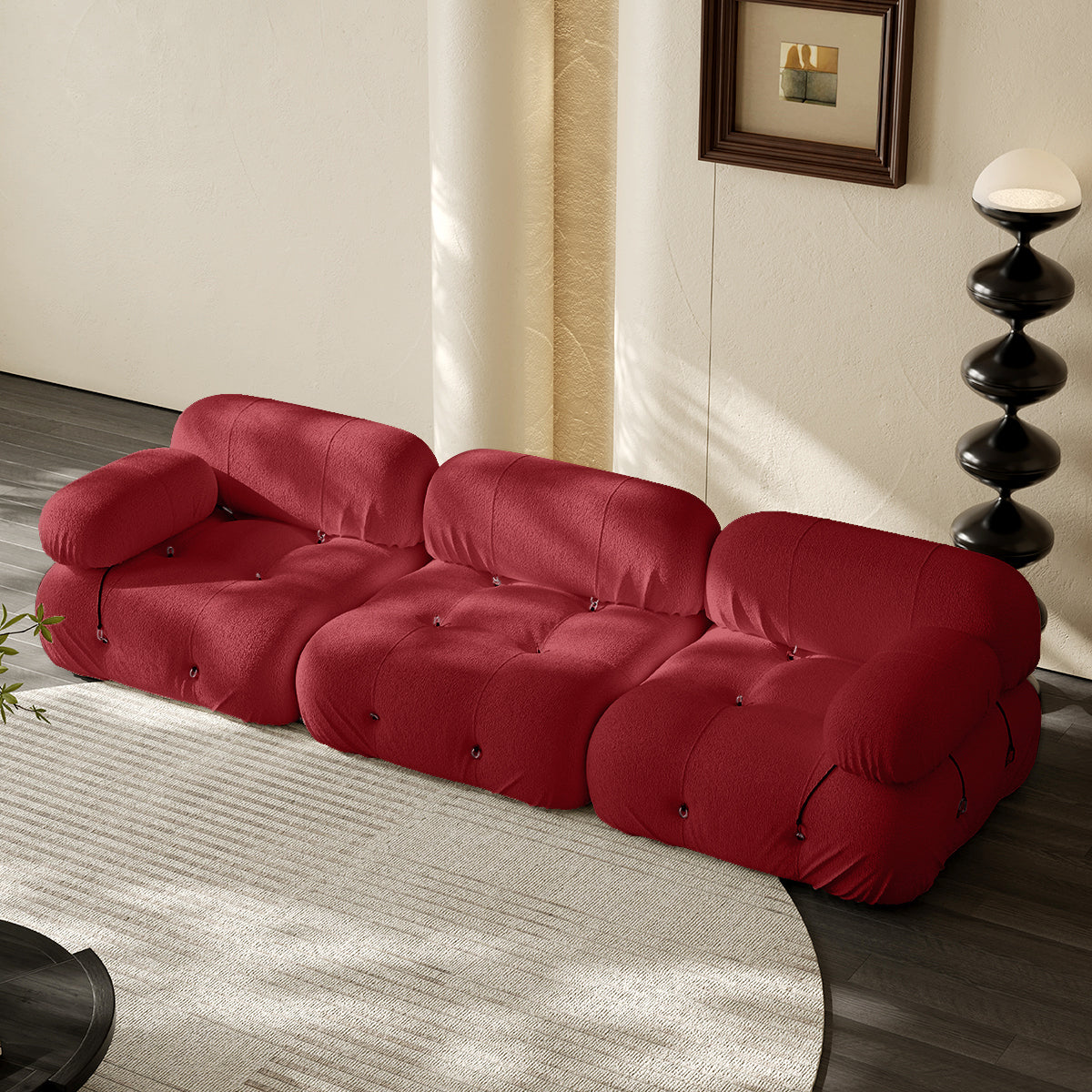 3-seater vacuum packed compression sofa in red, tufted cushions with rounded arms