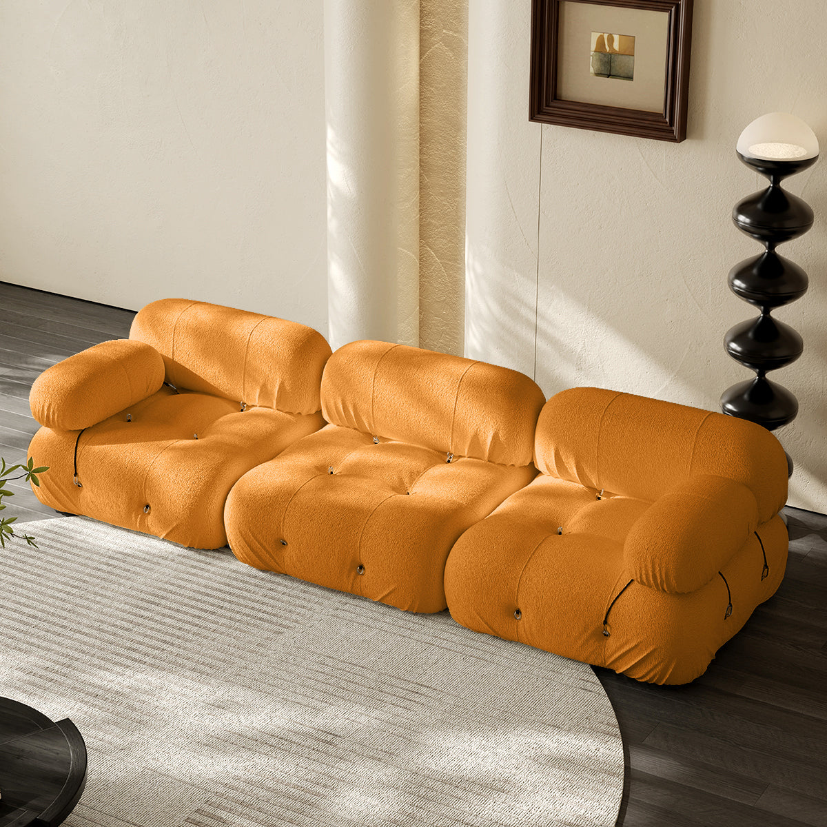 3-seater compression sofa in orange, tufted armrests and back cushions