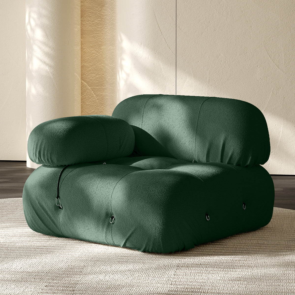 Grass green sofa corner module with rounded backrest and seat, button-tufted details
