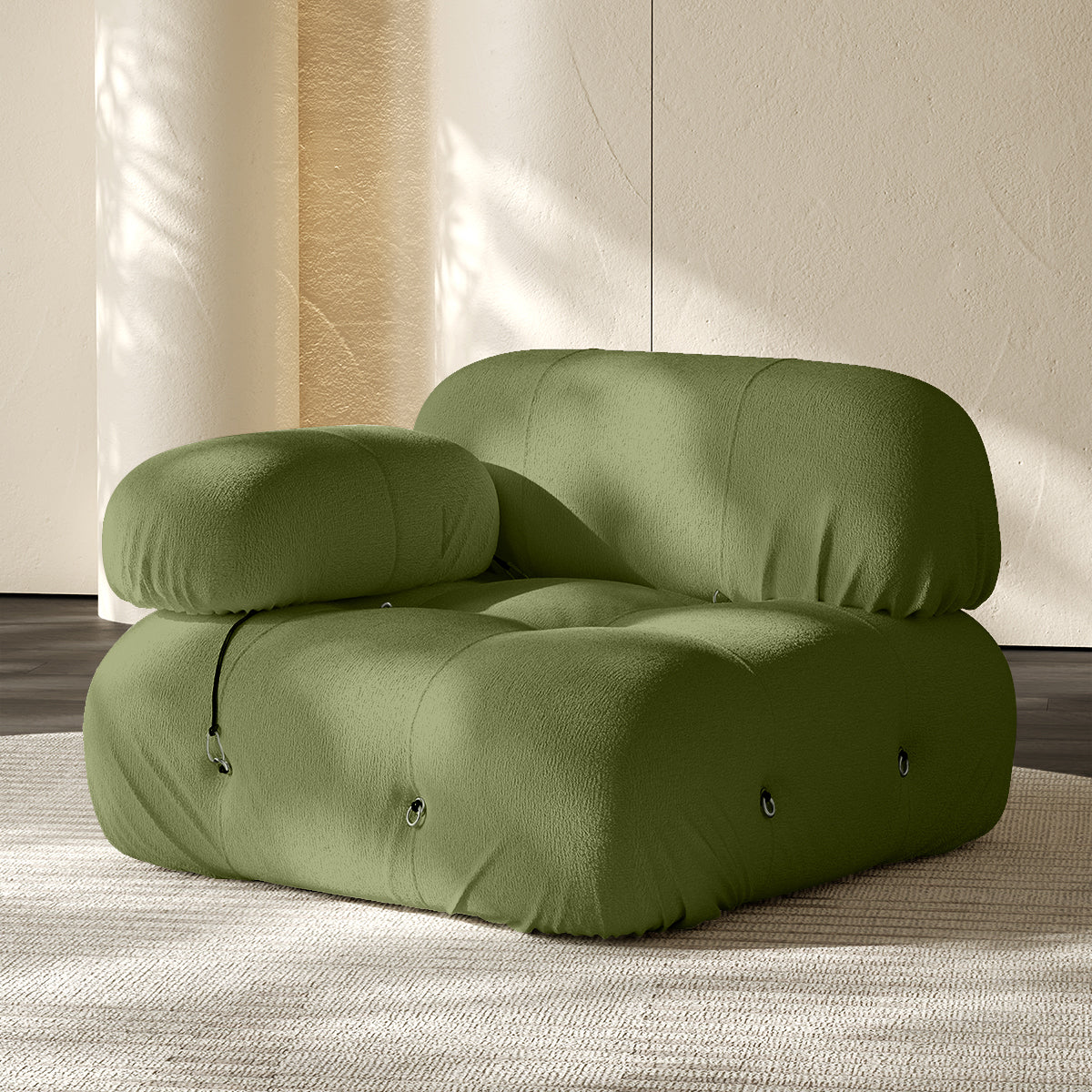Dark green sofa corner module with rounded backrest and seat, button-tufted details