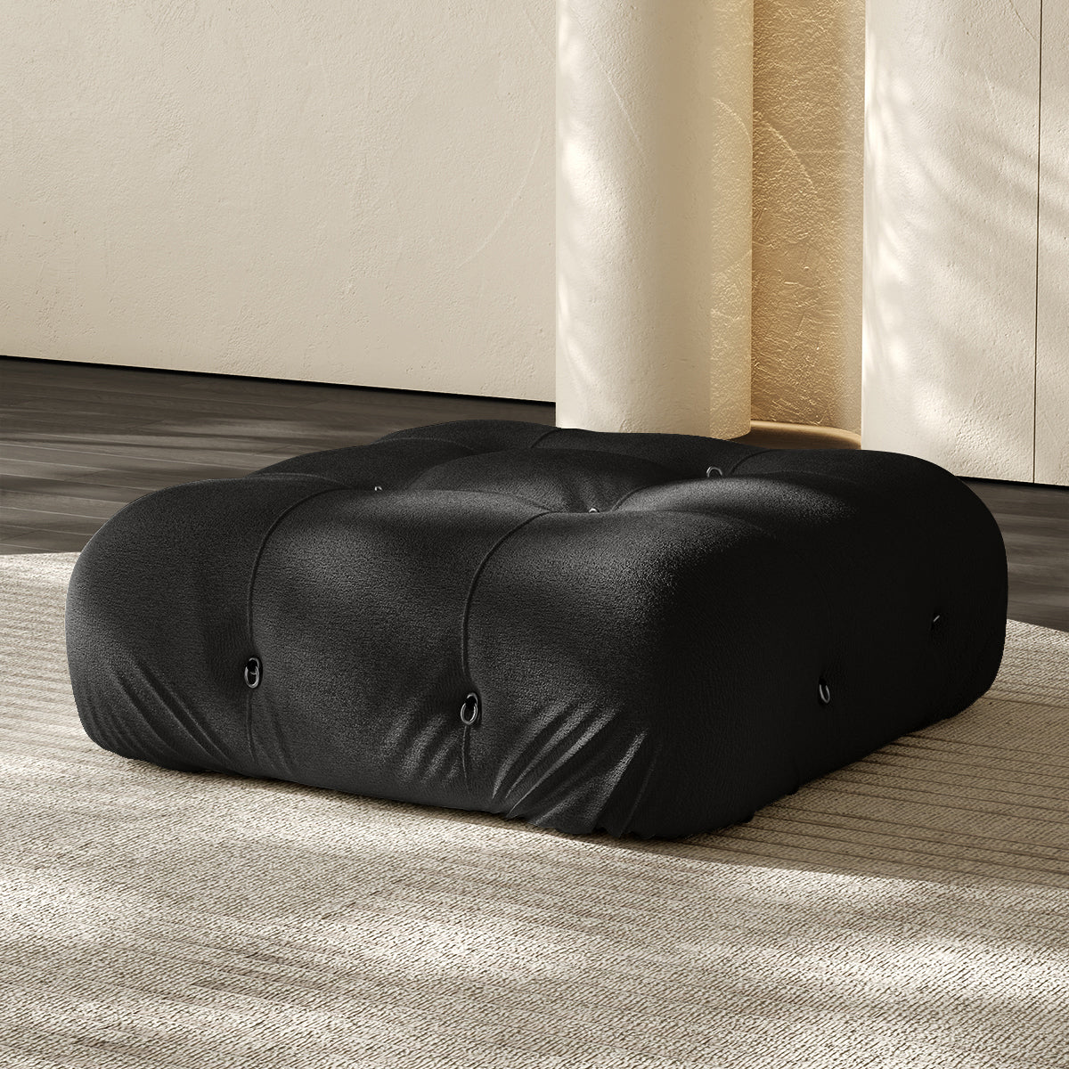 Vacuum-packed sofa ottoman, black fabric with tufted button details