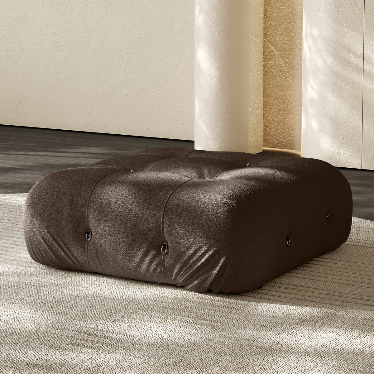 Vacuum-packed sofa ottoman, dark brown fabric with tufted button details
