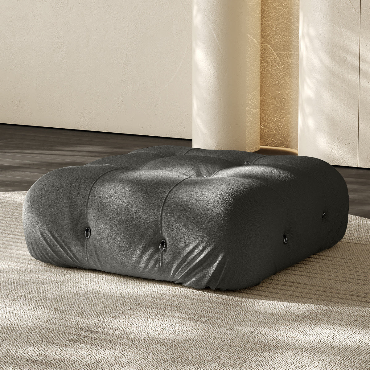 Vacuum-packed sofa ottoman, dark gray fabric with tufted button details