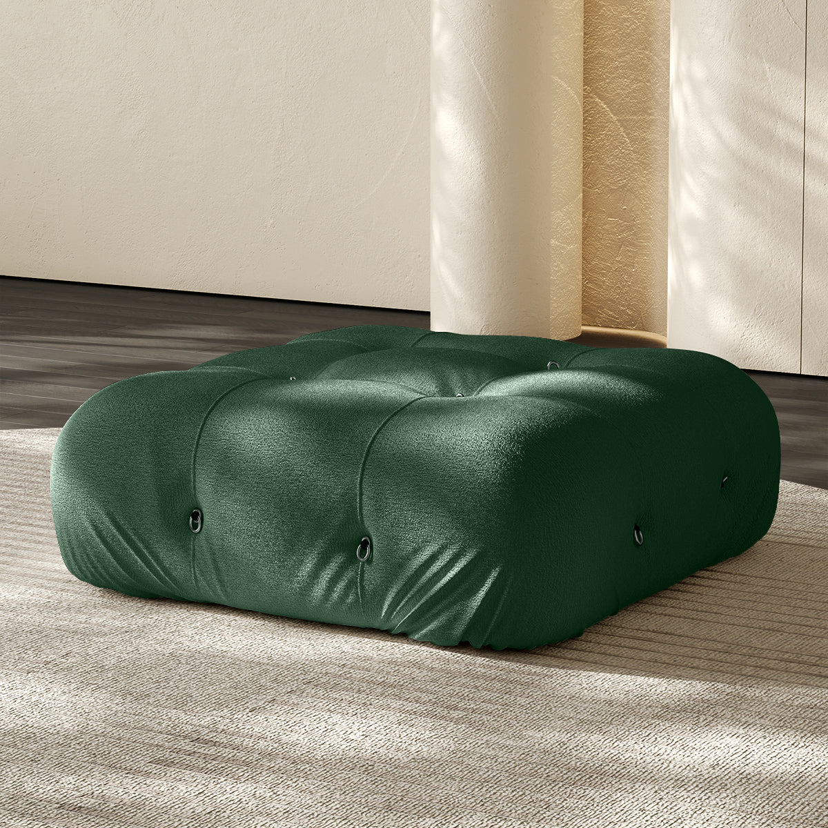 Vacuum-packed sofa ottoman, dark green fabric with tufted button details