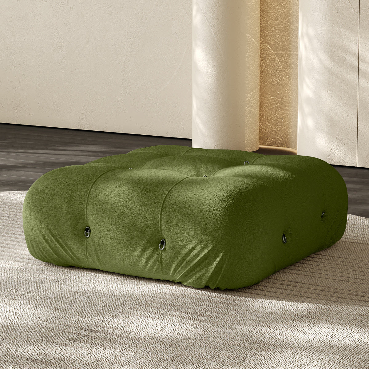 Vacuum-packed sofa ottoman, grass green fabric with tufted button details