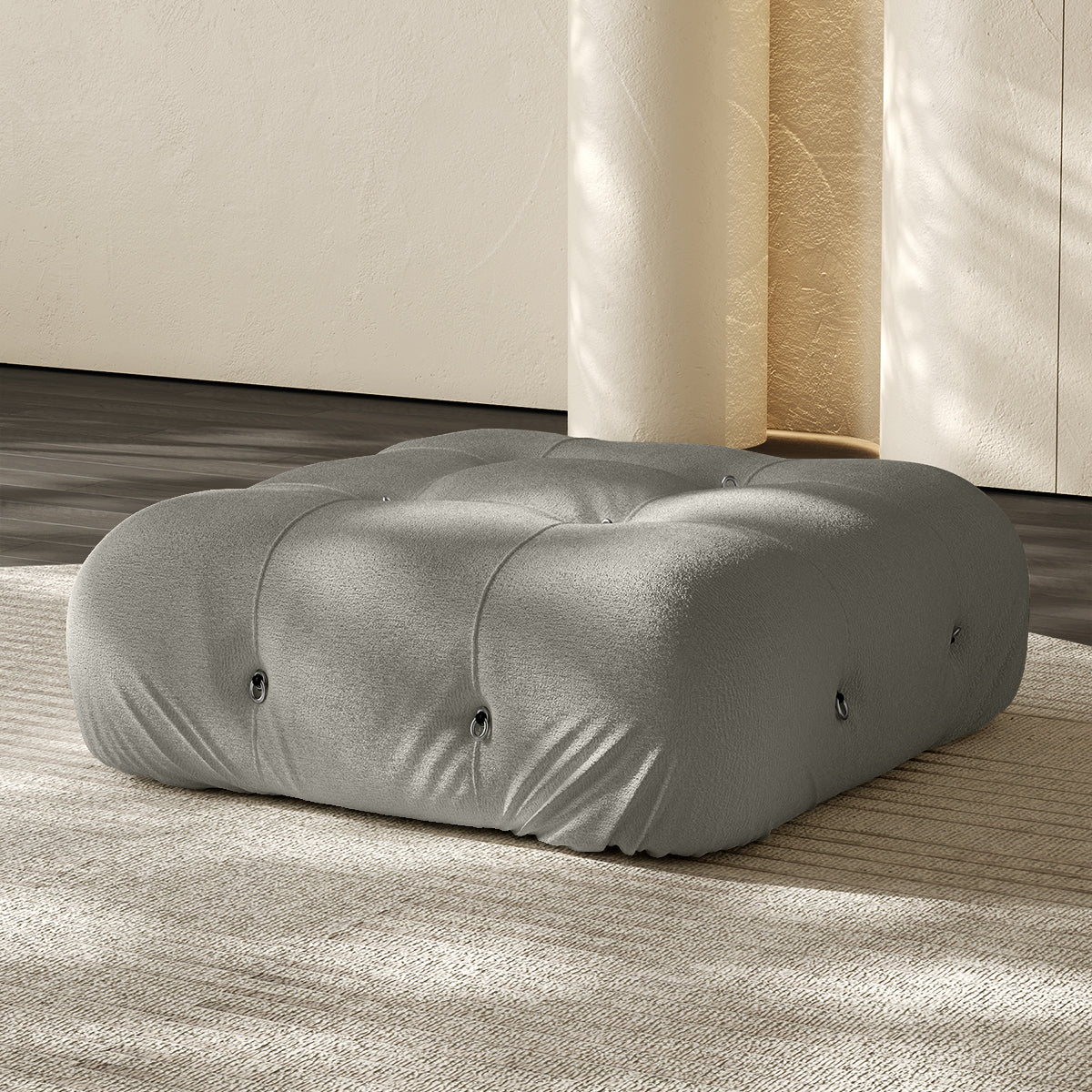 Vacuum-packed sofa ottoman, light gray fabric with tufted button details