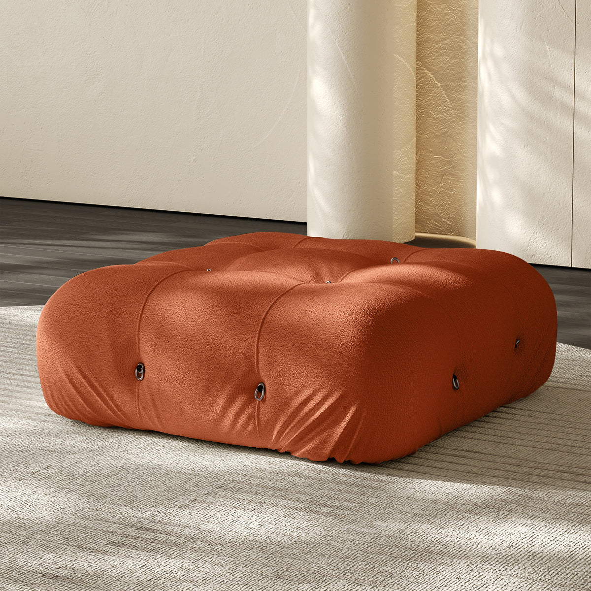 Vacuum-packed sofa ottoman, orange fabric with tufted button details