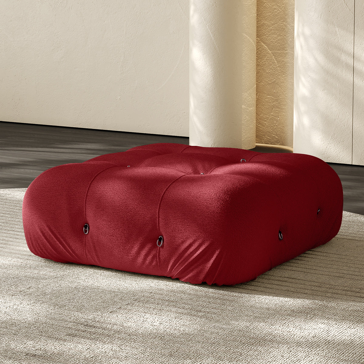 Vacuum-packed sofa ottoman, red fabric with tufted button details