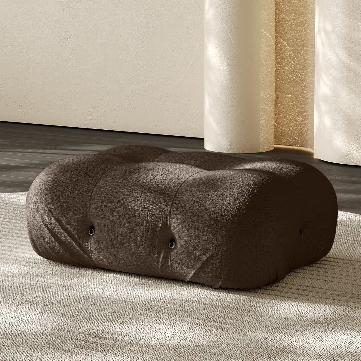 Vacuum-packed rectangular ottoman, rolled upholstered cushion in brown.