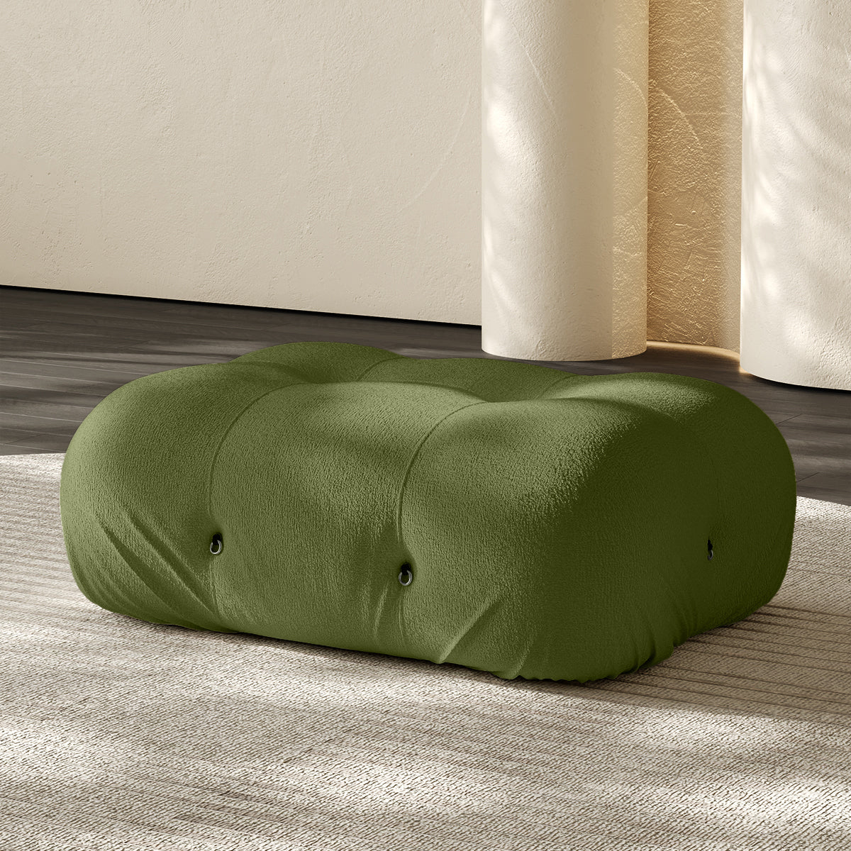 Vacuum-packed rectangular ottoman, rolled upholstered cushion in grass green.