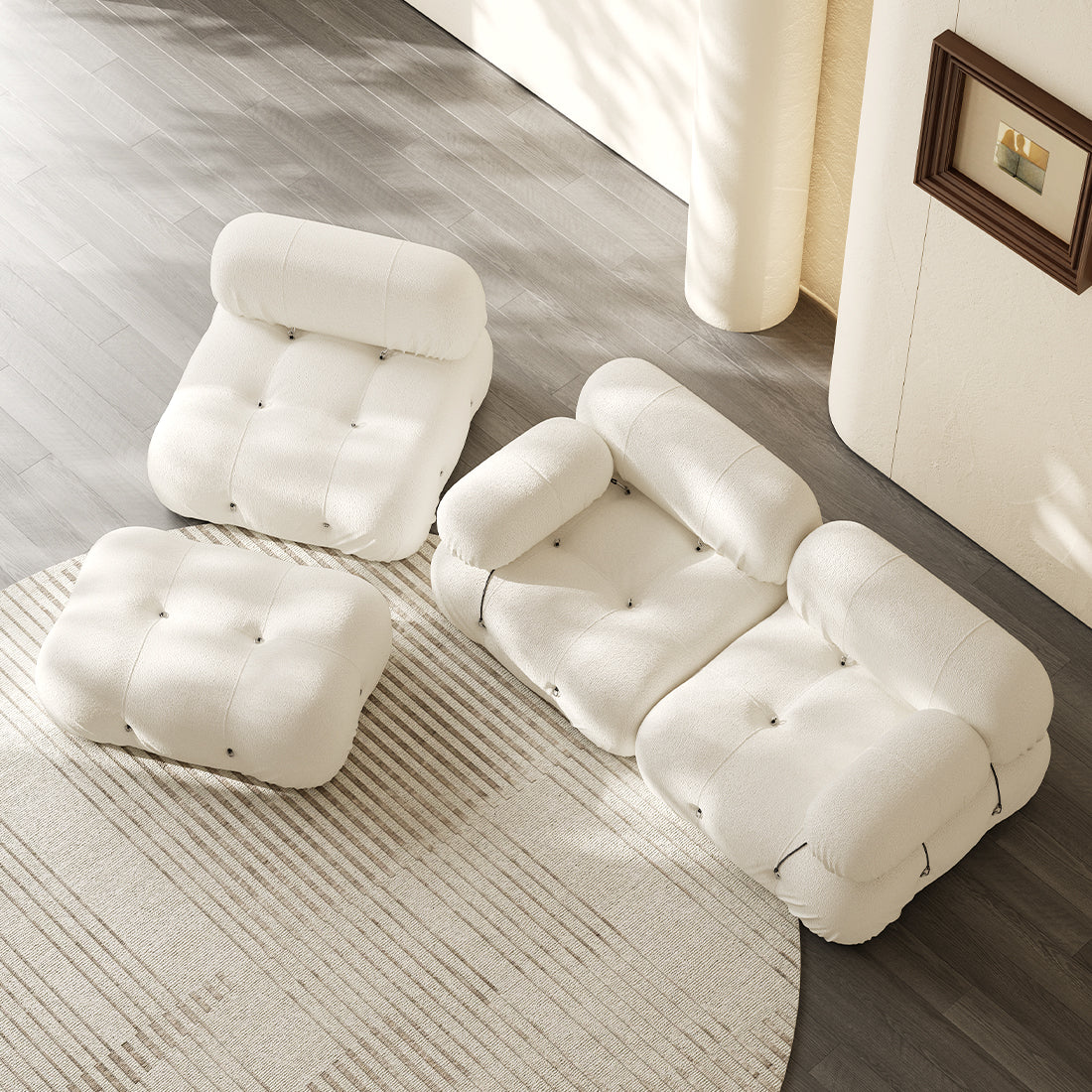 Hiksnra Camaleonda 3 seater modular sofa with rectangular ottoman in beige chenille fabric.