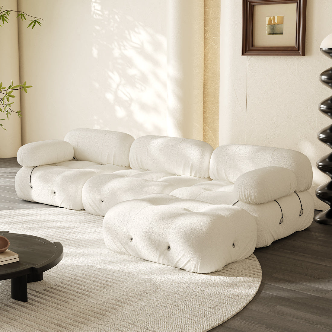 Hiksnra three-seat sofa with matching rectangular ottoman, white upholstered cushions and rounded arms