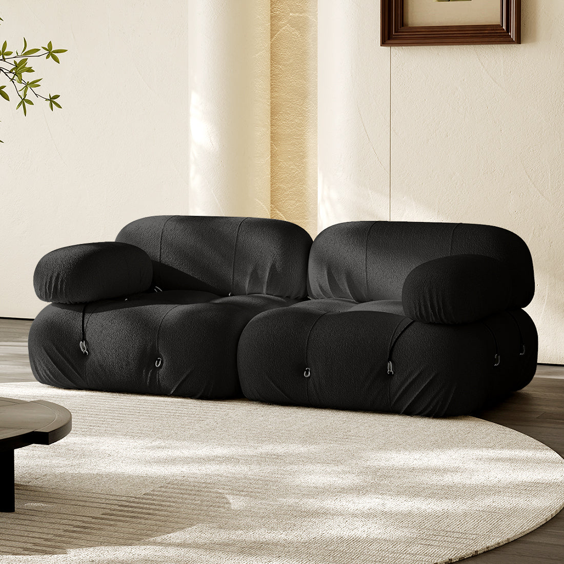 Hiksnra Camaleonda sofa.2 seater in black chenille,with soft,supportive foam and a flexible modular design.