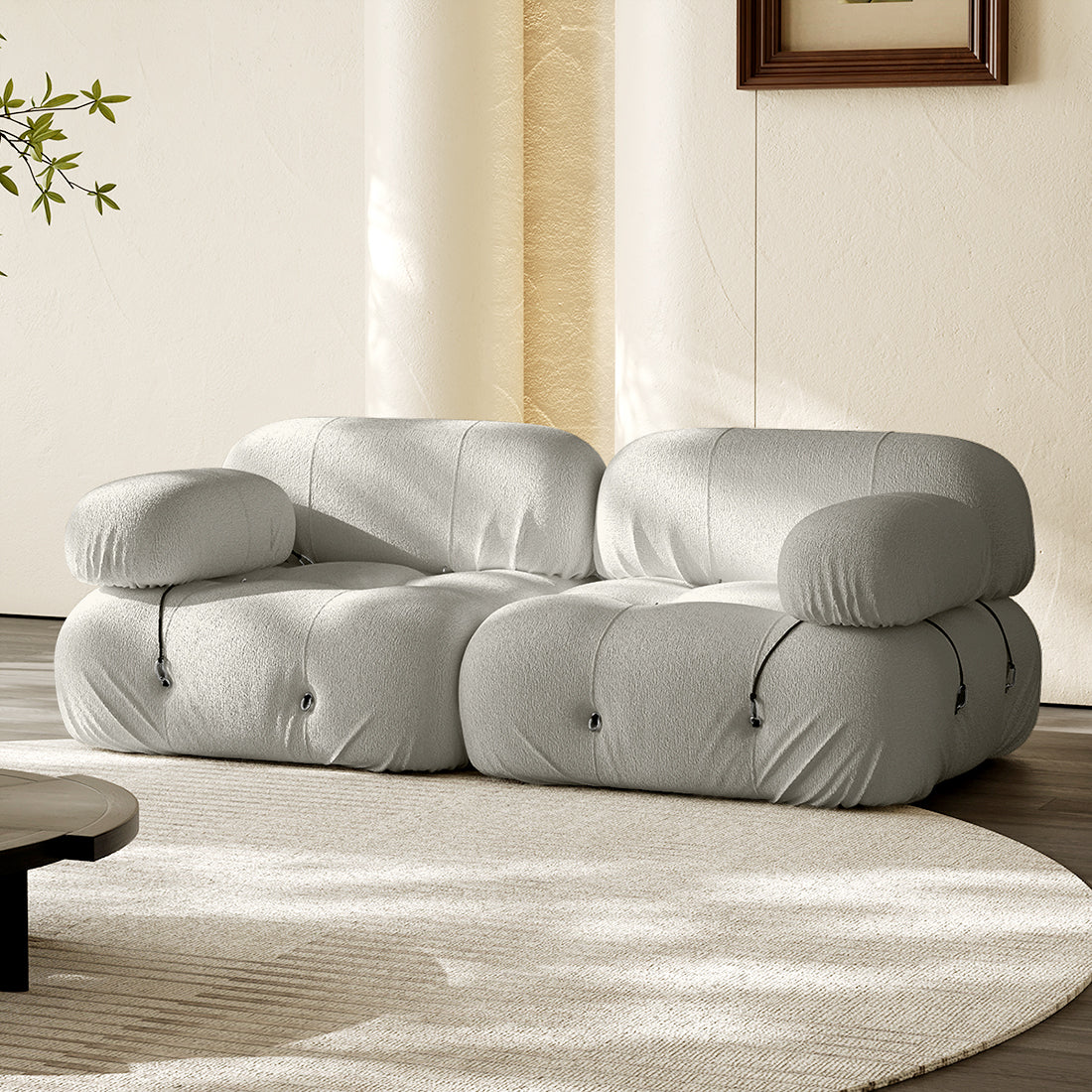 Hiksnra Camaleonda sofa.2 seater in light gray chenille,with soft,supportive foam and a flexible modular design.