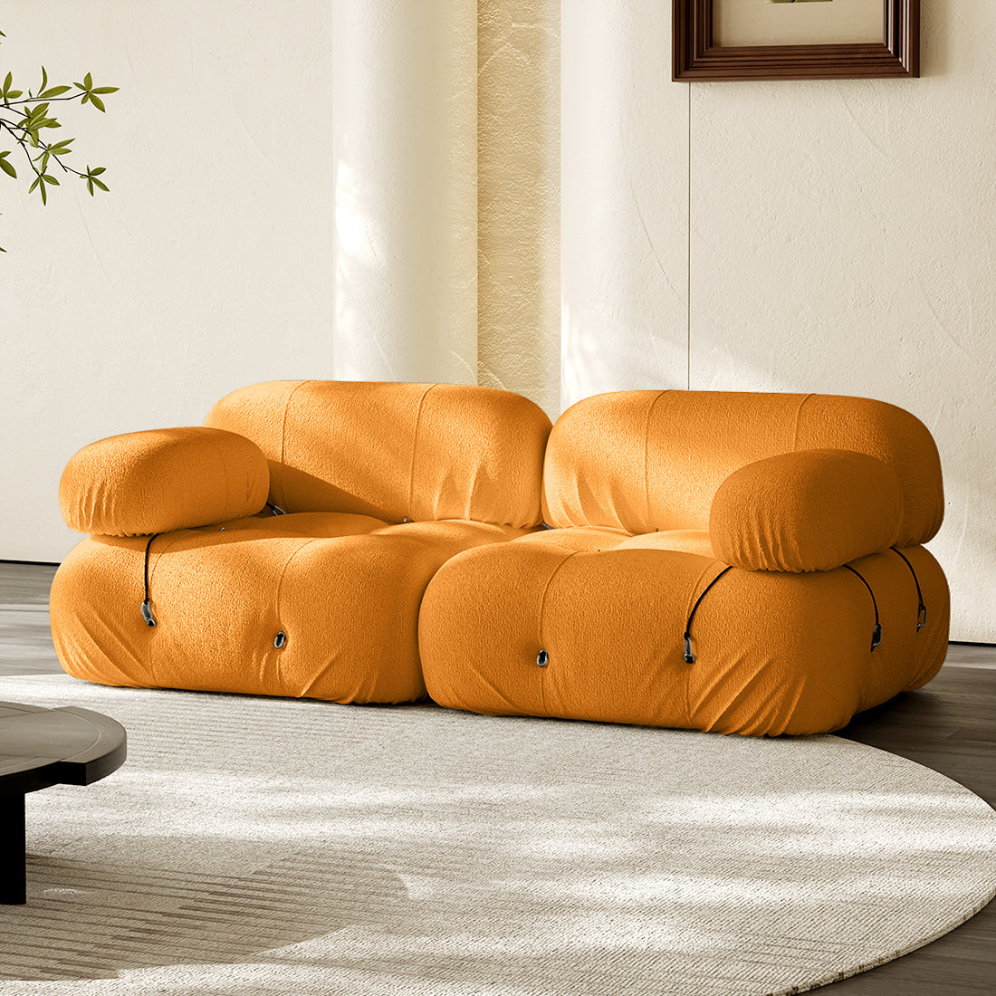 Hiksnra Camaleonda sofa.2 seater in yellow chenille,with soft,supportive foam and a flexible modular design.