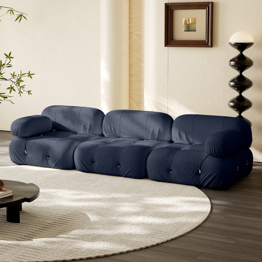 3-seater straight sofa in navy fabric with tufted cushions and rolled arms.