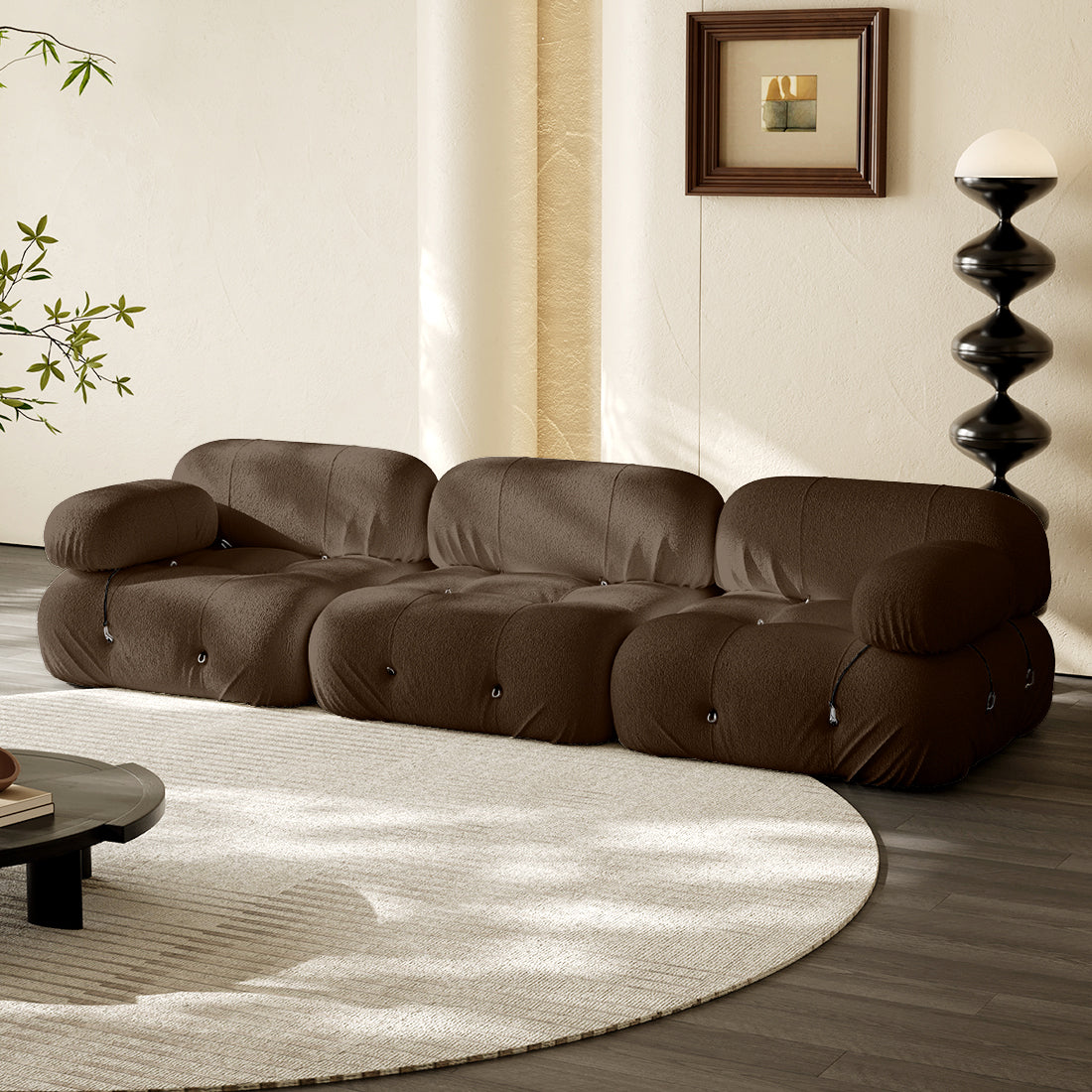 3-seater straight sofa in brown fabric with tufted cushions and rolled arms.