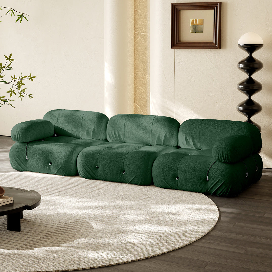3-seater straight sofa in dark green fabric with tufted cushions and rolled arms.