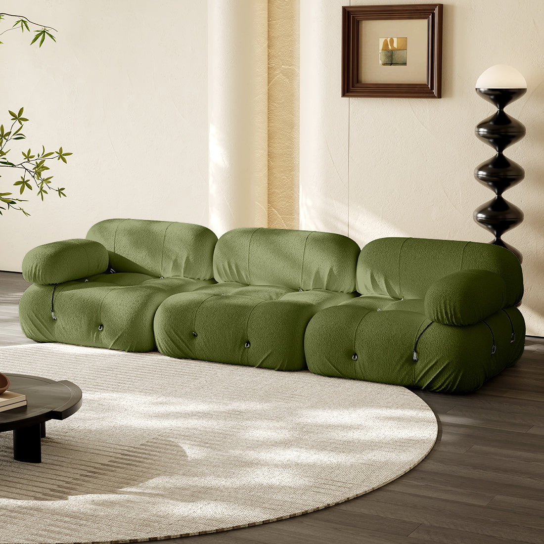 3-seater straight sofa in grass green fabric with tufted cushions and rolled arms.