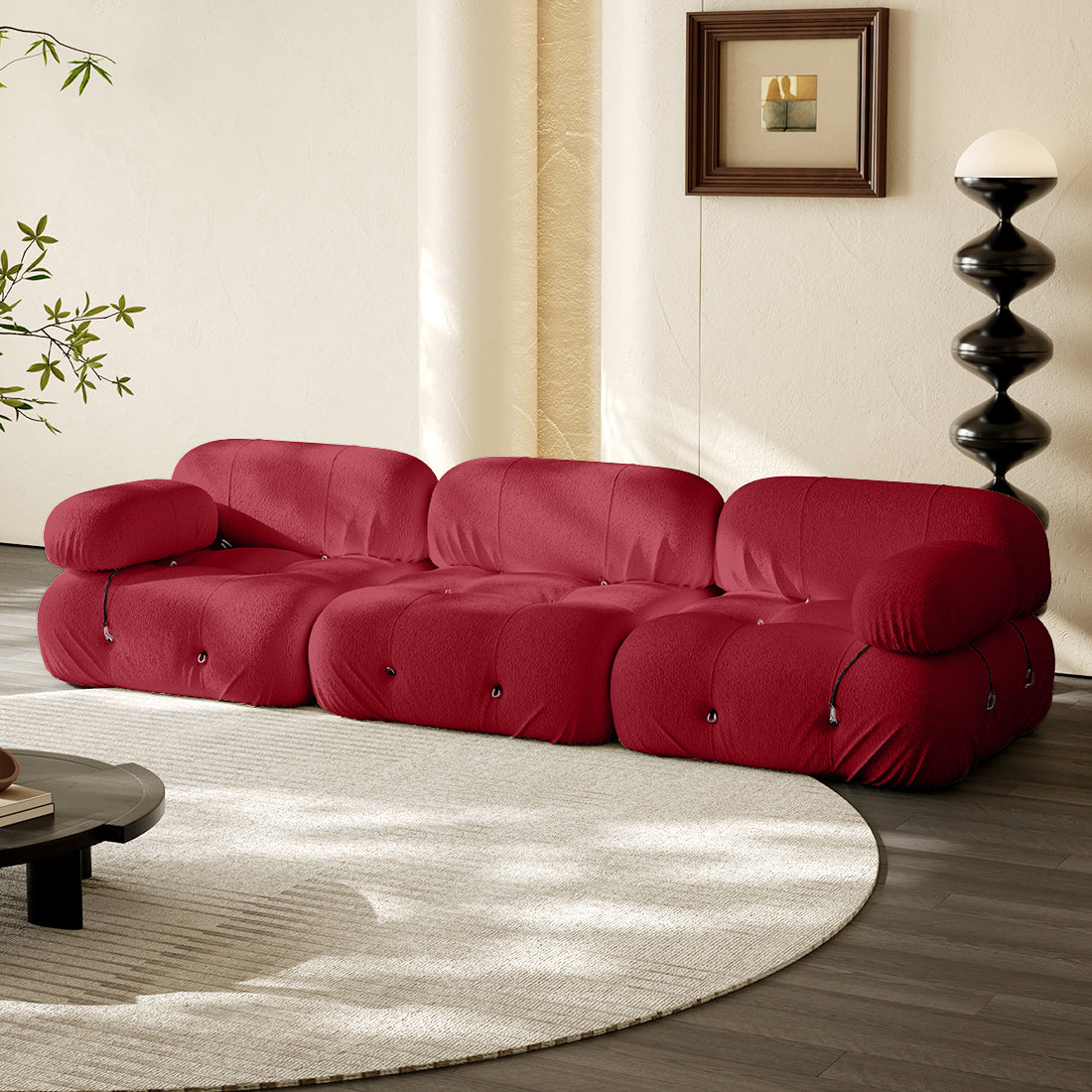 3-seater straight sofa in red fabric with tufted cushions and rolled arms.