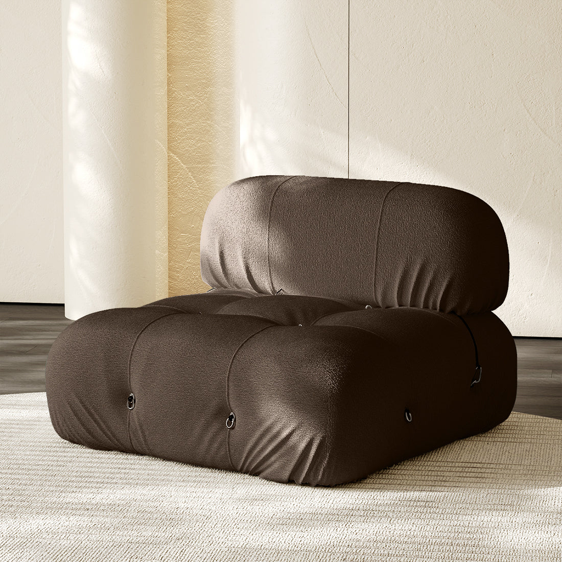 Hiksnra Camaleonda sofa.armless module in brown chenille,with a padded backrest and soft,supportive foam.