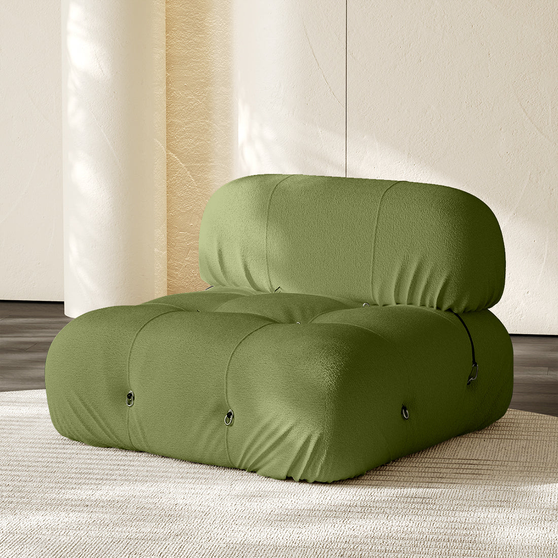 Hiksnra Camaleonda sofa.armless module in grass green chenille,with a padded backrest and soft,supportive foam.