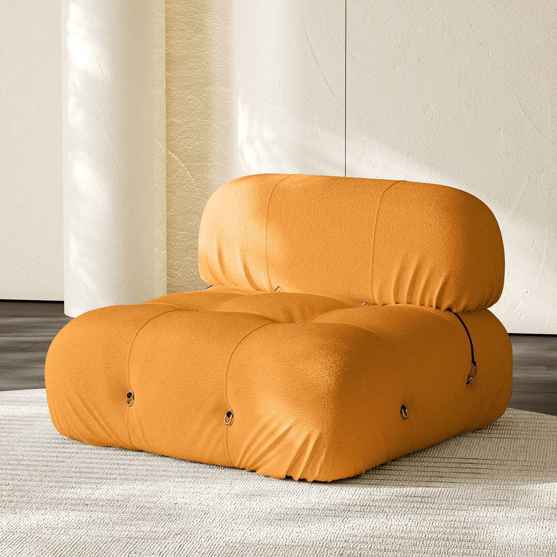Hiksnra Camaleonda sofa.armless module in yellow chenille,with a padded backrest and soft,supportive foam.