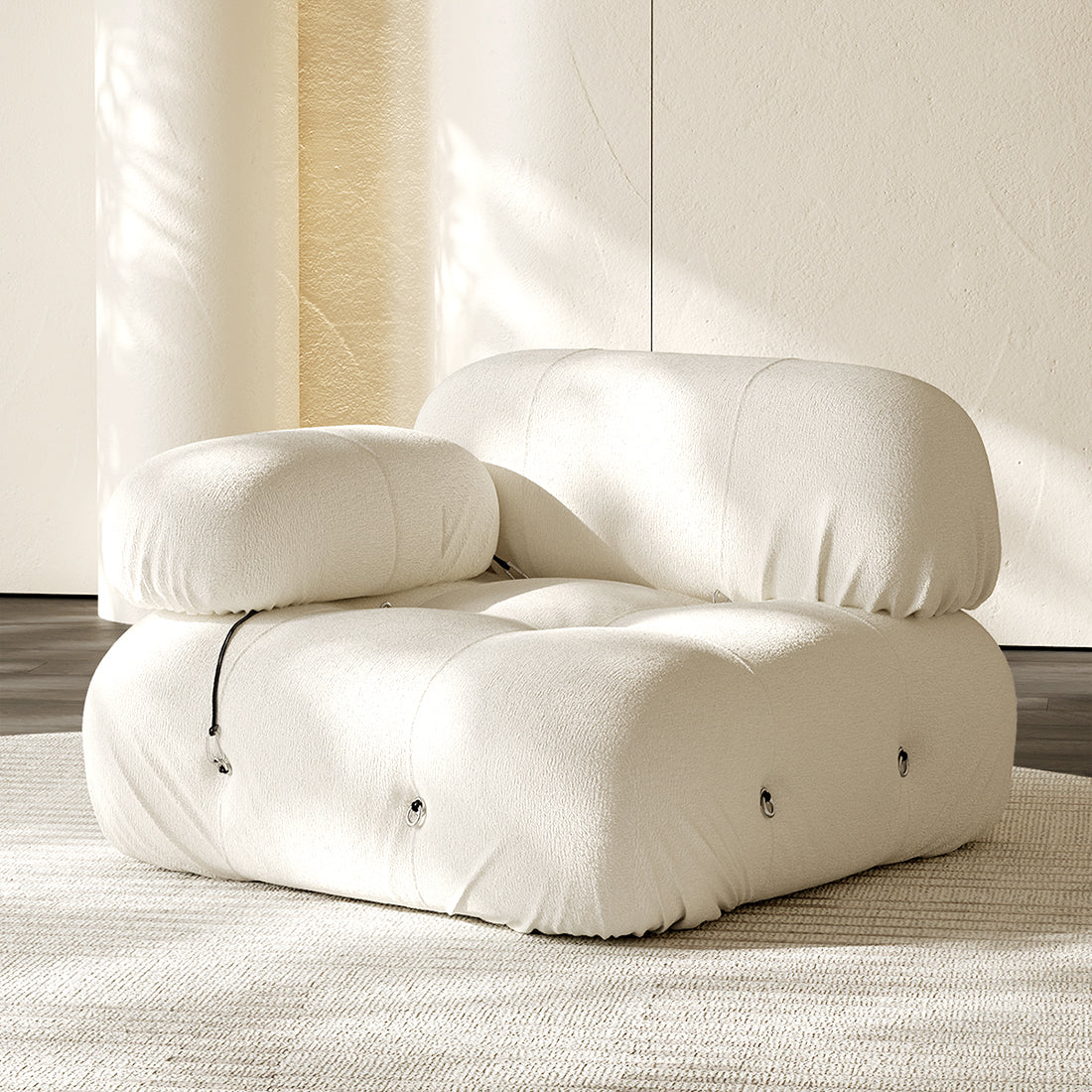 Compressed sofa corner module with two light fabric cushions and rounded arms